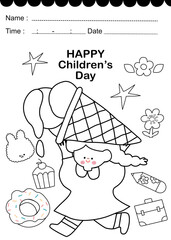 set of christmas elements, coloring book with kids, Drawn vector cute girl in the food, element food, back and white
