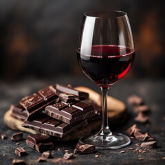 Glass of red wine with dark chocolate on rustic wooden board.