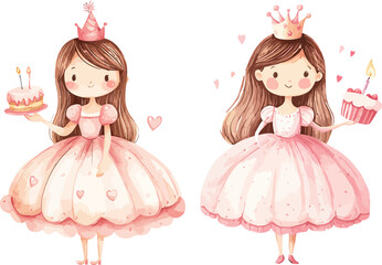 Little Girl With Cake Watercolor Vector Illustration.