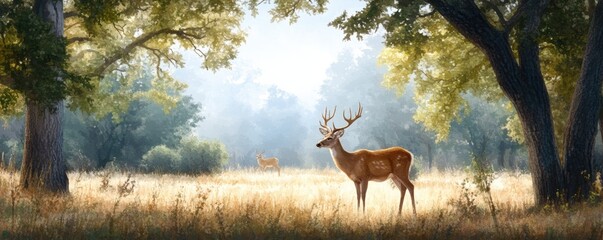 A serene watercolor painting of a meadow with grazing deer, bathed in soft morning light, capturing a peaceful and natural landscape.