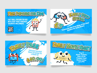 Advertisements offering great deals for families at a local movie theater, including early bird specials and free popcorn on weekends