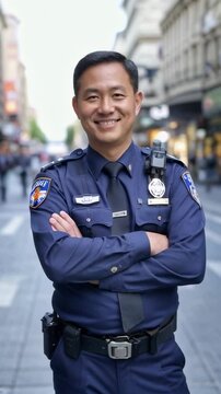 A police officer is standing on a sidewalk with his arms crossed
