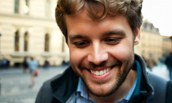 Australian Man Smiling While Using Mobile Phone in Paris