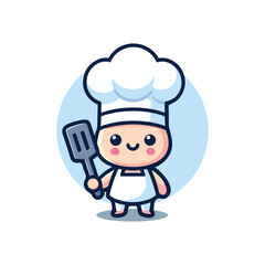 cute chef, wearing a white hat and apron, holding a spatula