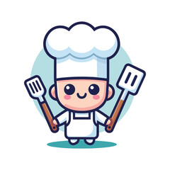 cute chef, wearing a white hat and apron, holding a spatula