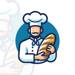 A baker wearing a chef hat and holding a loaf of bread