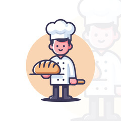 A baker wearing a chef hat and holding a loaf of bread