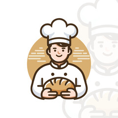 A baker wearing a chef hat and holding a loaf of bread