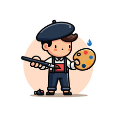 An artist wearing a beret and holding a paintbrush and palette