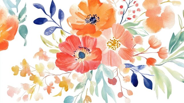 Watercolor illustration of a vibrant floral bouquet featuring summer botanicals suitable for weddings and anniversaries on a white background