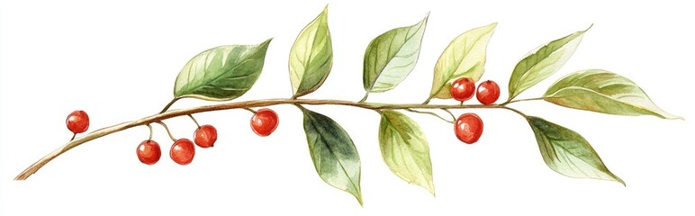 Watercolor illustration of a Schisandra plant branch featuring green leaves and red berries Hand drawn depiction of the medicinal herb showcasing a fresh organic adaptogenic plant against a white