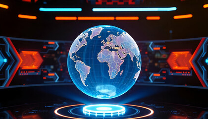 A holographic globe projection showing the world map, with orange and blue lighting effects, displayed on a futuristic interface