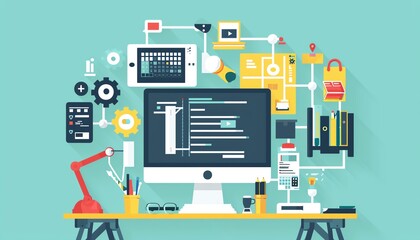 Software development process, coding and debugging, flat design illustration