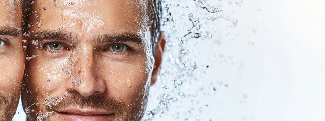  A man's face, tightly framed by a window's edge, is reflected in water-speckled glass Water droplets mirror his features while similar ones trace lines