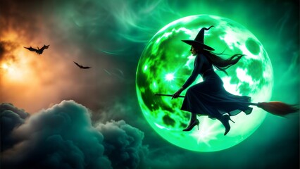 Witch Silhouette Flying Against Glowing Green Moon with Bats on Halloween Night