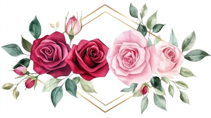 Naklejka premium Watercolor illustration of pink and red rose flowers with leaves in a geometric frame