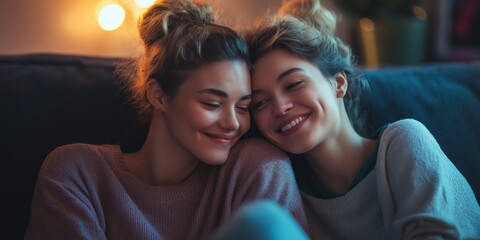 Two women are sitting on a couch and hugging each other. They are both smiling and seem to be enjoying each other's company