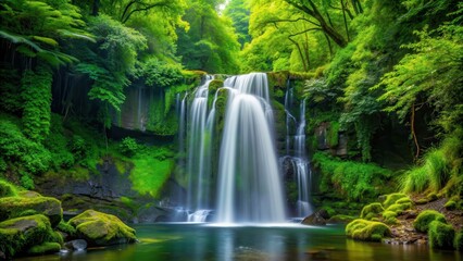 Fototapeta premium Waterfall cascading through lush green forest scenery, waterfall, forest, nature, scenery, serene, tranquil, moss