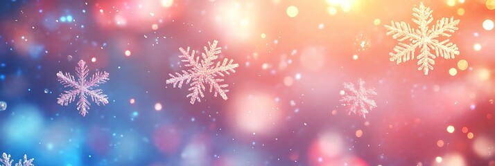 trendy Panoramic banner background Christmas background defocused lights bokeh with snowflakes place for text, mockup copy space