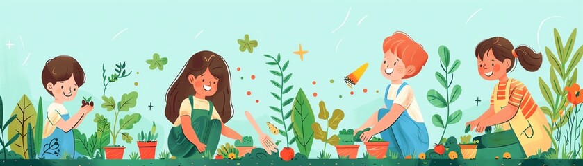 School garden, kids learning to plant, flat design illustration