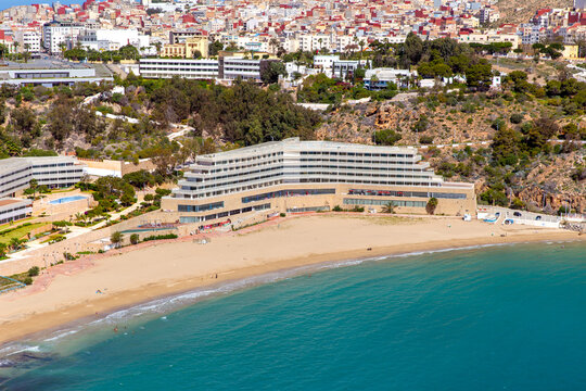 Picturesque view of Al Hoceima city and modern hotel buildings on the shore of the Mediterranean Sea bay