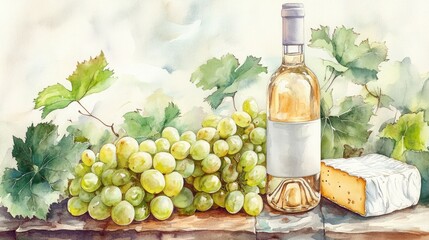 Obraz premium Watercolor illustration of a white wine bottle fresh ripe green grapes and cheese on a table Hand drawn background featuring food items for a picnic Concept for a wine list label banner menu flyer