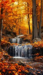 Serene autumn waterfall surrounded by vibrant colors in a tranquil forest landscape setting
