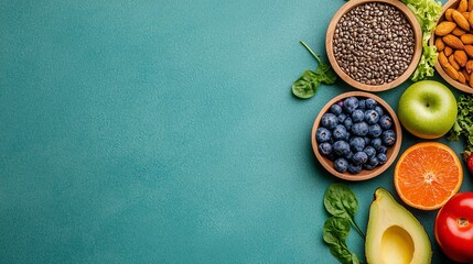 Bright and colorful arrangement of fresh fruits, nuts, and greens on a vibrant teal background for healthy lifestyle concepts.