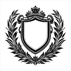A black and white heraldic shield with a crown and laurel wreath