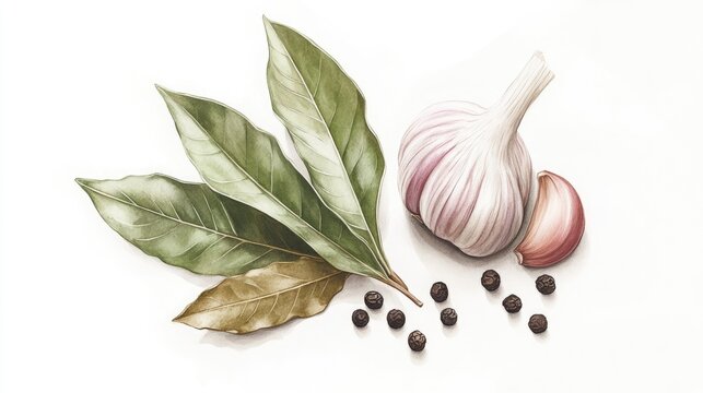 Watercolor illustration of garlic bay leaf and black pepper against a white background