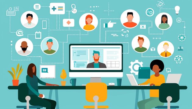 Online communication for work, remote collaboration, flat design illustration