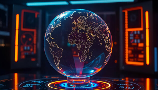 A glowing holographic globe of the Earth floating above a futuristic digital interface with colorful lines and shapes