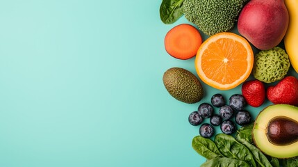 A vibrant arrangement of fresh fruits and vegetables against a pastel background, showcasing healthy eating and nutrition concepts.