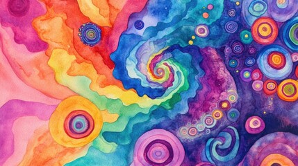 Watercolor illustration of a vibrant hippie inspired backdrop featuring multicolored psychedelic elements Colorful representation of the 1970s hippie culture with a chaotic spiral design reminisce