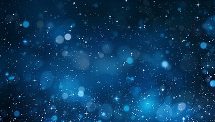 Falling confetti on blue background, abstract background with dark blue and gold. Golden light  particles Bokeh on navy blue background, celebration concept.