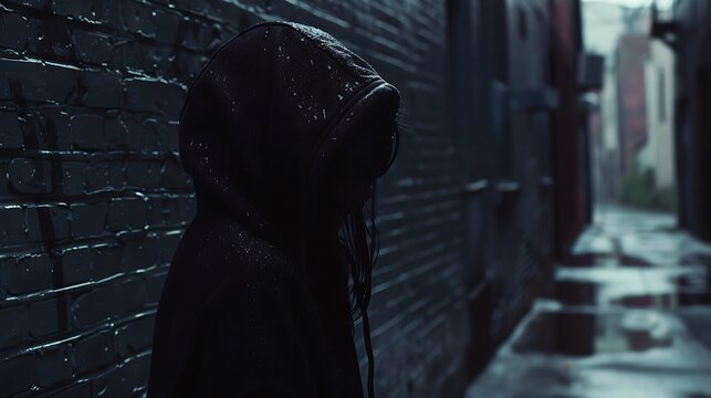 Side view of a woman wearing a dark hoodie standing in a rainsoaked alley Her face is partially obscured by the hood and the water on the ground reflects her dark psychopathic tendencies