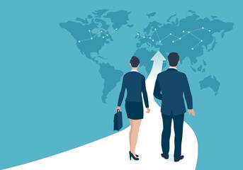 Reaching the top. To the World. Career growth. The couple is walking the upward path to the World. Business vector illustration