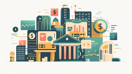 Fototapeta premium Tech innovation in finance, blockchain technology, flat design illustration
