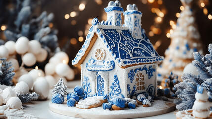  A gingerbread house decorated with white and blue icing, set in a magical winter landscape with small pine trees and snowballs. Festive lights add warmth and charm to the scene