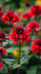 A close up of a vibrant red flower with a green foliage background.