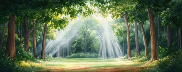 A tranquil watercolor scene of a quiet forest clearing with sunlight gently filtering through the trees, evoking a peaceful and serene atmosphere.