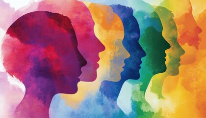 Naklejka premium Unity in Diversity: Colorful Overlapping Head Silhouettes Symbolizing Cultural Variety in Kindergarten