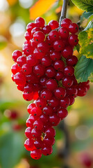 A cluster of ripe red currants hanging from a branch, ready to be picked.