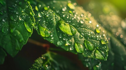 Close-up of a green leaf covered with morning dew drops. The sunlight shines through the droplets, creating a beautiful, bright effect.