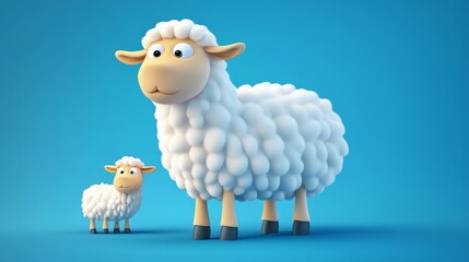 A cute cartoon-style sheep and its lamb against a bright blue background, perfect for children's themes and animal illustrations.