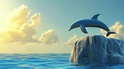 Obraz premium A dolphin gracefully leaps from a rock into the calm sea under a sunset sky filled with clouds, showcasing nature's beauty.