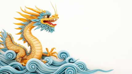 Colorful dragon statue with intricate details, emerging from waves, set against a clean white background. Symbolizes power and mythology.