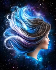 Celestial Mane: Surreal Cosmic Hair Astrology Portrait