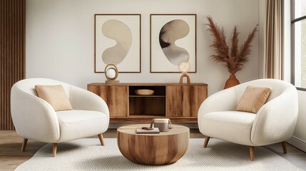 Modern home living room interior with cozy chair and wood furniture