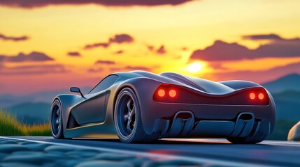 A sleek black sports car parked on a winding road at sunset, surrounded by scenic mountains and vibrant hues in the sky.